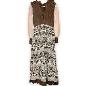 FLAWED VTG 60s 70s Teal Traina Cottagecore Brown Maxi Dress Small Medium